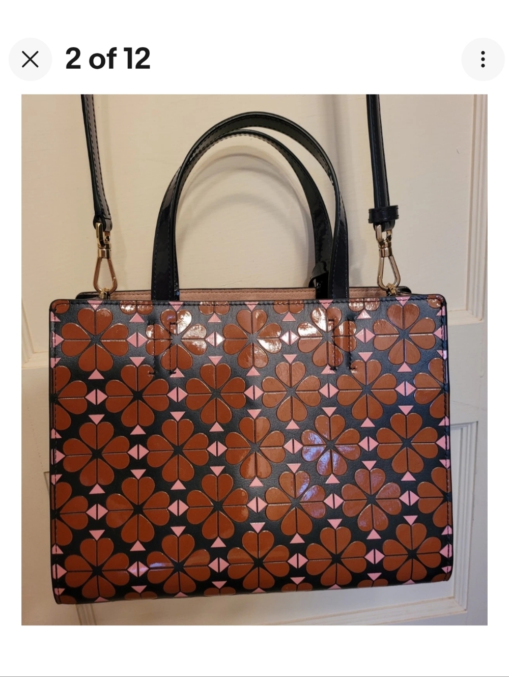 KATE SPADE SAM FLORAL TOTE CROSSBODY PATENT NAVY BLUE BROWN PINK w FOB - Picture 3 of 13